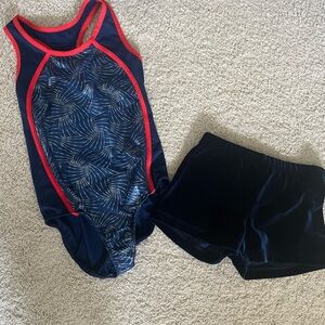 Danskin Now Girls Navy Swim Set with Red Trim